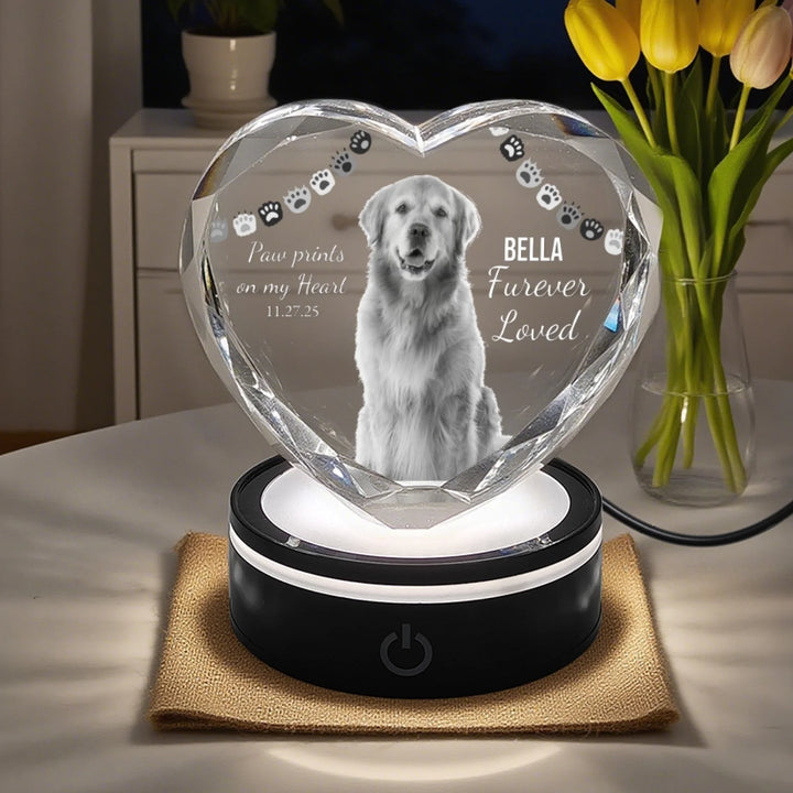 Heart Lace Pet Crystal with soft LED light featuring printed or engraved dog photo and personalized text-ARTFULANE