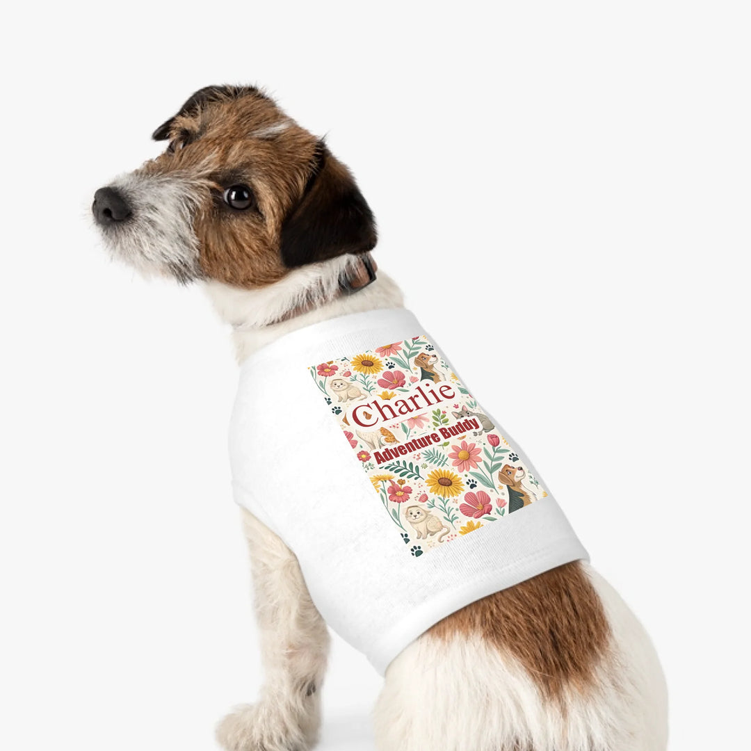 Personalized pet tank top with two custom text lines and playful pattern; available in 10 colorful designs for dogs or cats-ARTFULANE