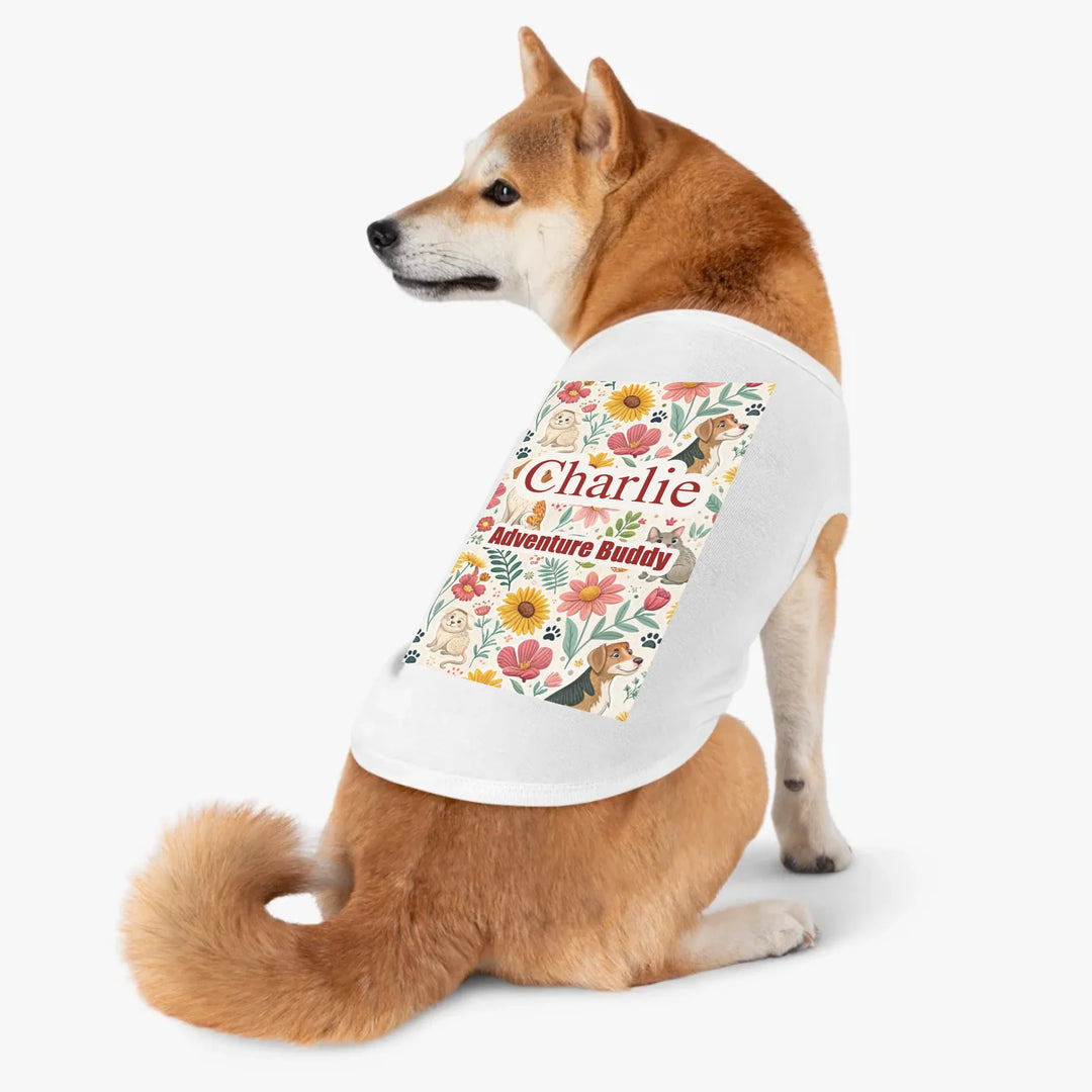 Pet Tank Top Lifestyle-Personalized pet tank top with two custom text lines and playful pattern; available in 10 colorful designs for dogs or cats-ARTFULANE