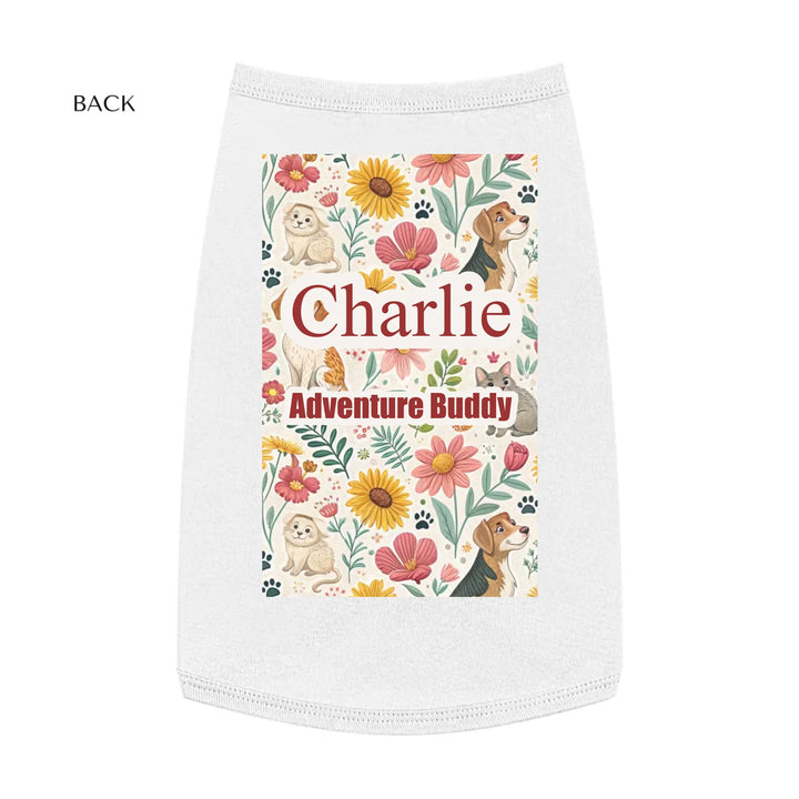 Pet Tank Top front-Personalized pet tank top with two custom text lines and playful pattern; available in 10 colorful designs for dogs or cats-ARTFULANE