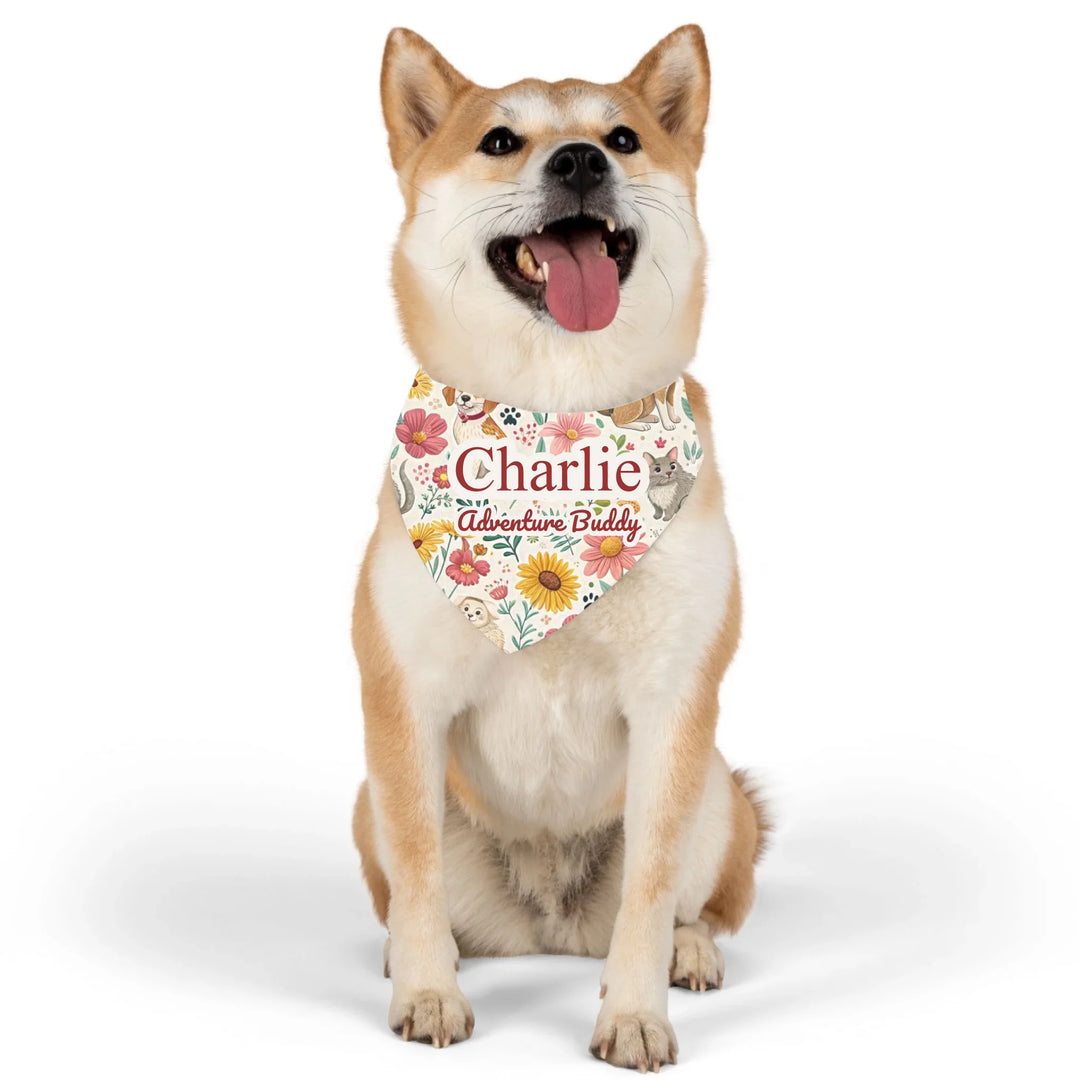 Dog wearing Personalized pet bandana collar with two custom text lines and playful pattern; available in 10 colorful designs for dogs or cats-ARTFULANE