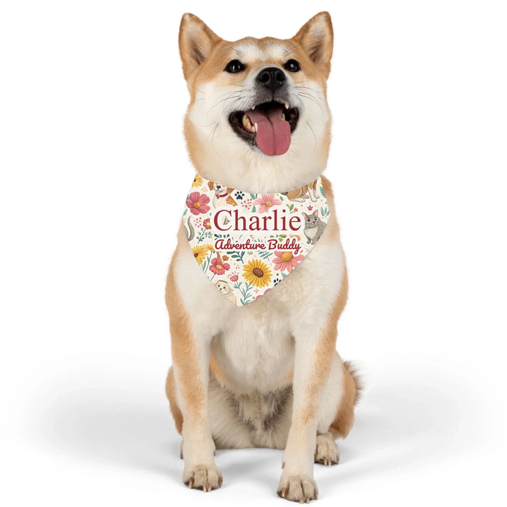 Dog wearing Personalized pet bandana collar with two custom text lines and playful pattern; available in 10 colorful designs for dogs or cats-ARTFULANE