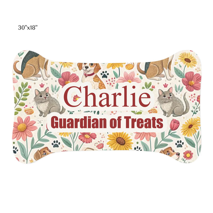 Personalized pet bone-shaped feeding mat with two lines of custom text and playful pattern; available in 10 colorful designs for dogs or cats-ARTFULANE