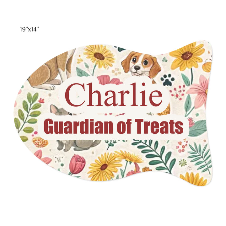 Personalized pet fish-shaped feeding mat with two lines of custom text and playful pattern; available in 10 colorful designs for dogs or cats-ARTFULANE