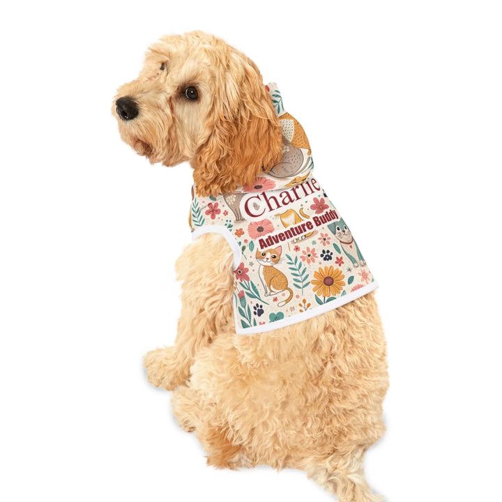 Golden doodle wearing a colorful personalized pet hoodie with CUSTOM TEXT surrounded by floral and animal illustrations-ARTFULANE