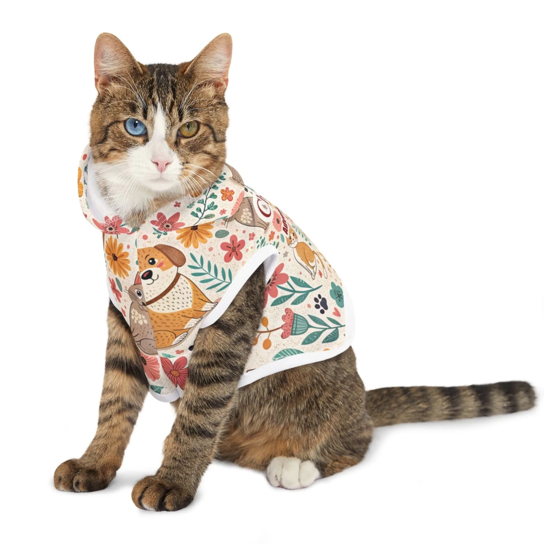 Cat wearing a colorful personalized pet hoodie with CUSTOM TEXT surrounded by floral and animal illustrations-ARTFULANE