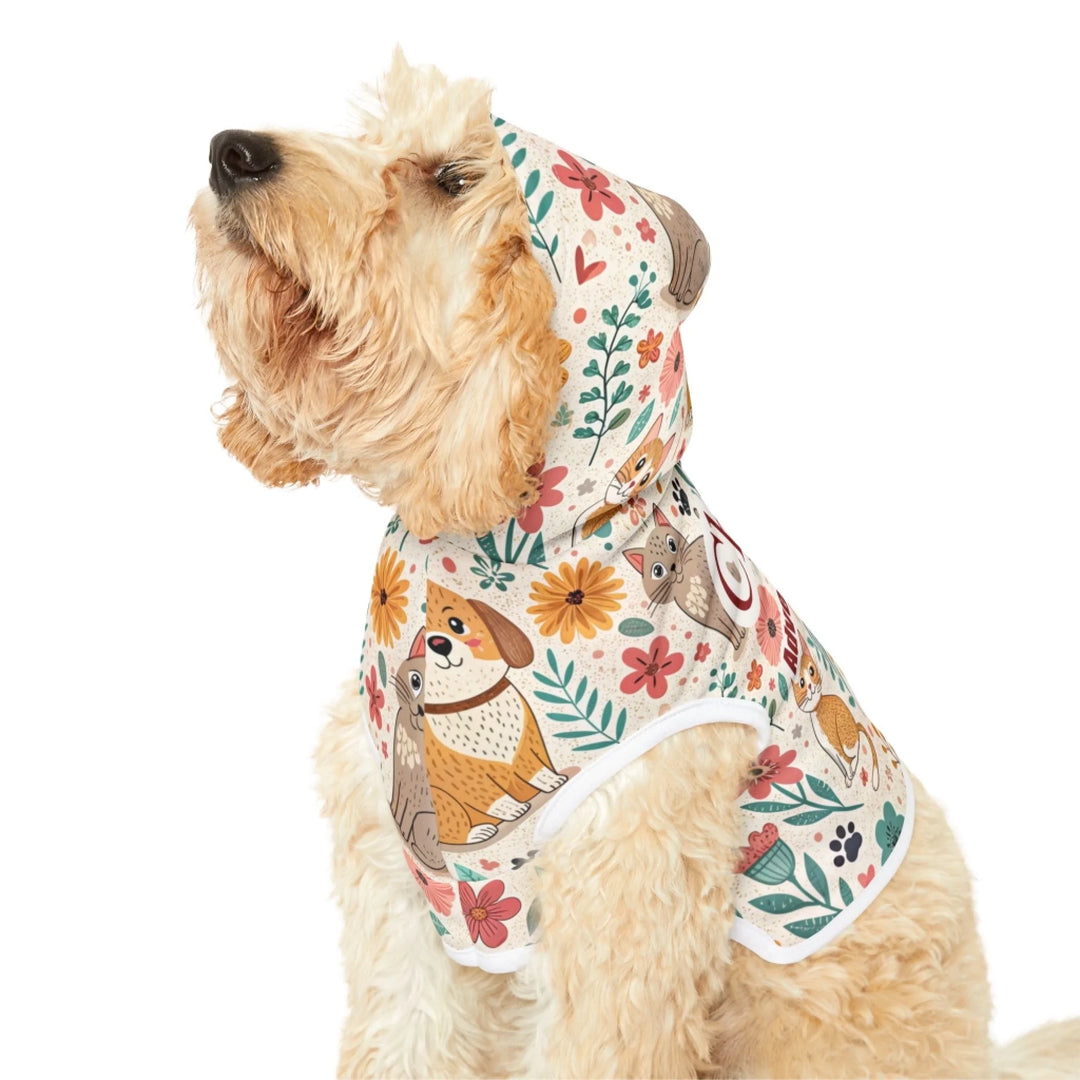 Golden doodle wearing a colorful personalized pet hoodie with CUSTOM TEXT surrounded by floral and animal illustrations-ARTFULANE