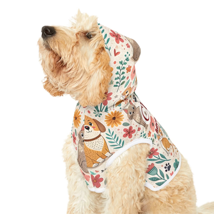Golden doodle wearing a colorful personalized pet hoodie with CUSTOM TEXT surrounded by floral and animal illustrations-ARTFULANE