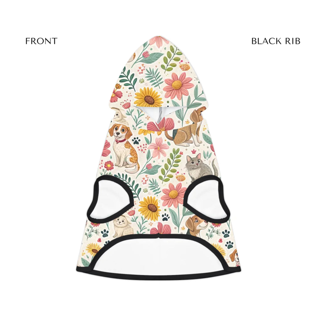 pet hoodie black rib front-Personalized pet hoodie with two custom text lines and playful pattern; available in 10 colorful designs for dogs or cats-ARTFULANE