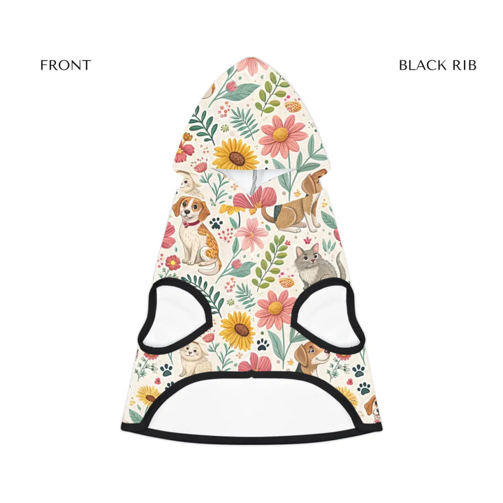pet hoodie black rib front-Personalized pet hoodie with two custom text lines and playful pattern; available in 10 colorful designs for dogs or cats-ARTFULANE