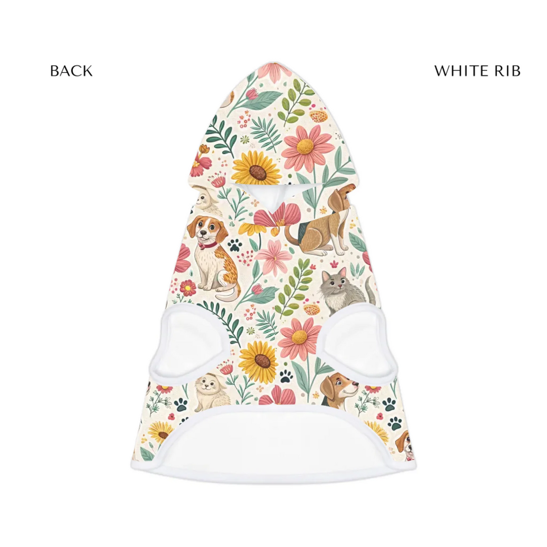pet hoodie white rib front-Personalized pet hoodie with two custom text lines and playful pattern; available in 10 colorful designs for dogs or cats-ARTFULANE