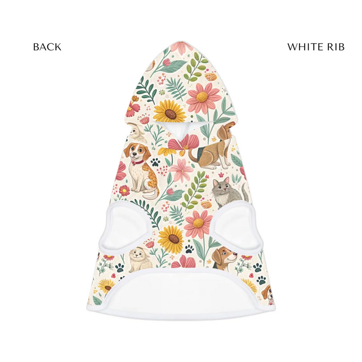 pet hoodie white rib front-Personalized pet hoodie with two custom text lines and playful pattern; available in 10 colorful designs for dogs or cats-ARTFULANE