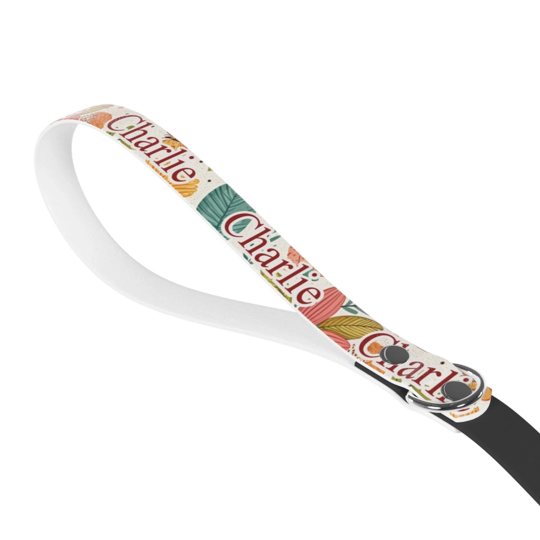 Front Personalized pet leash with custom text and playful pattern; available in 10 colorful designs for dogs or cats-ARTFULANE
