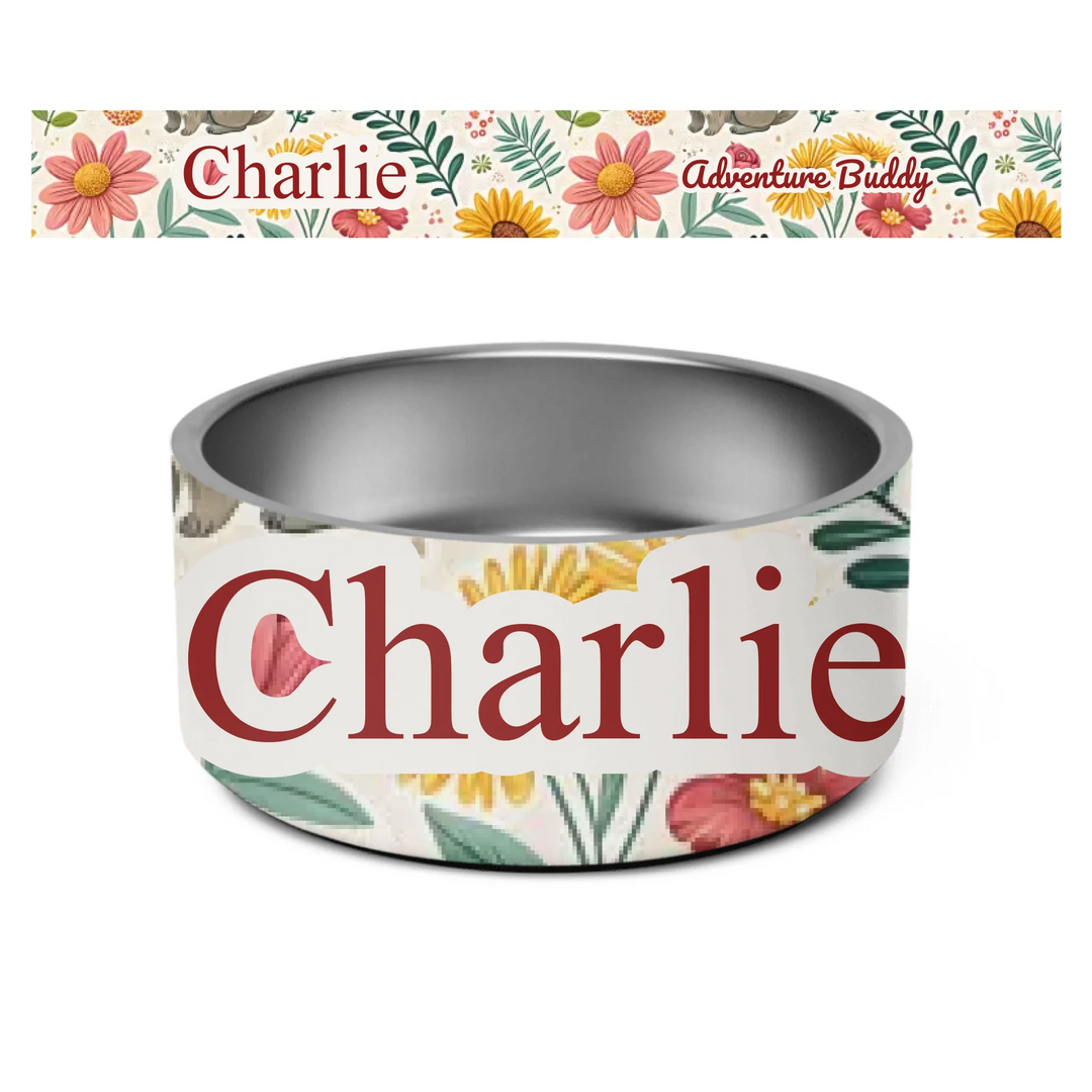 Personalized stainless steel pet bowl with two lines of custom text and playful pattern; available in 10 colorful designs for dogs or cats-ARTFULANE