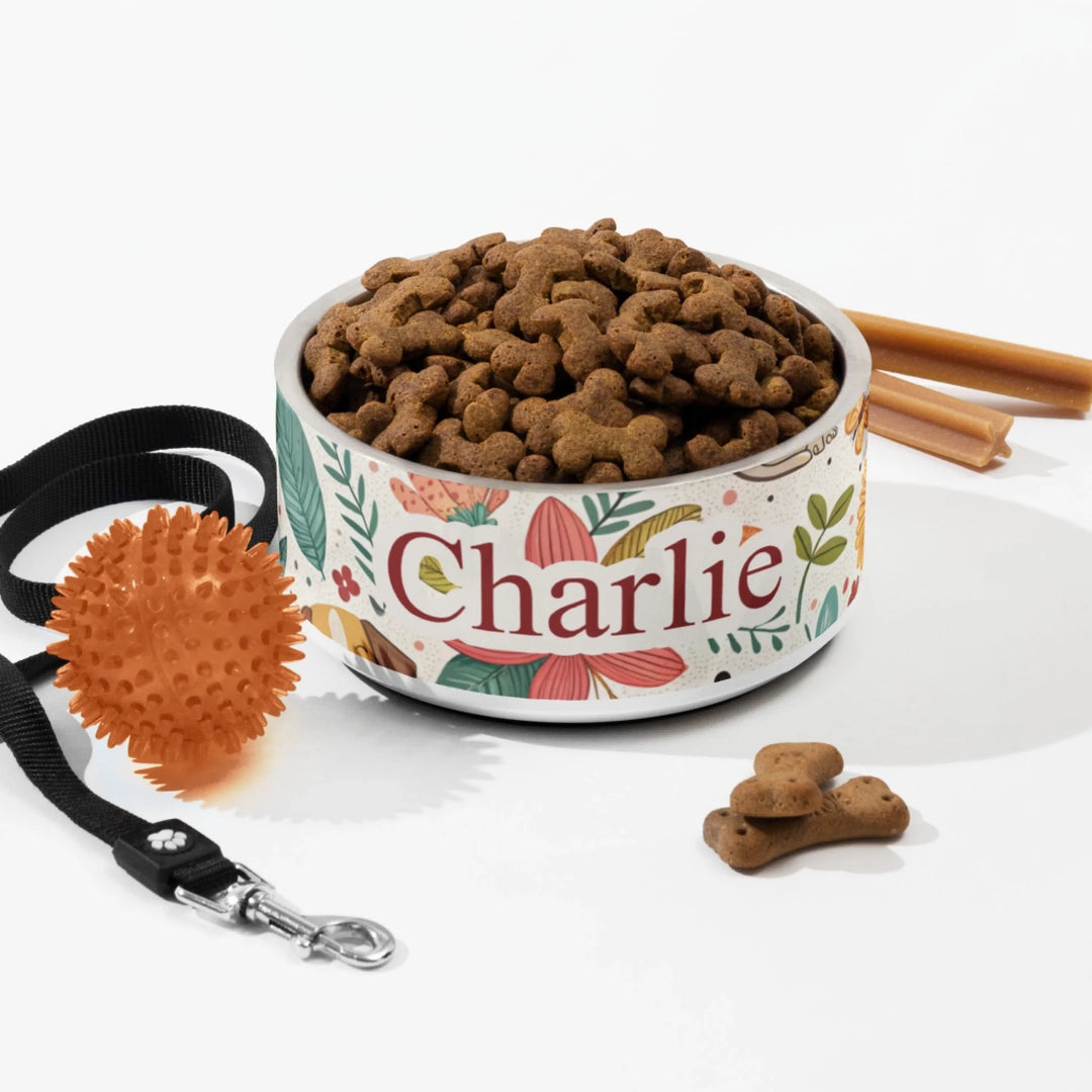 Personalized stainless steel pet bowl with two lines of custom text and playful pattern; available in 10 colorful designs for dogs or cats-ARTFULANE
