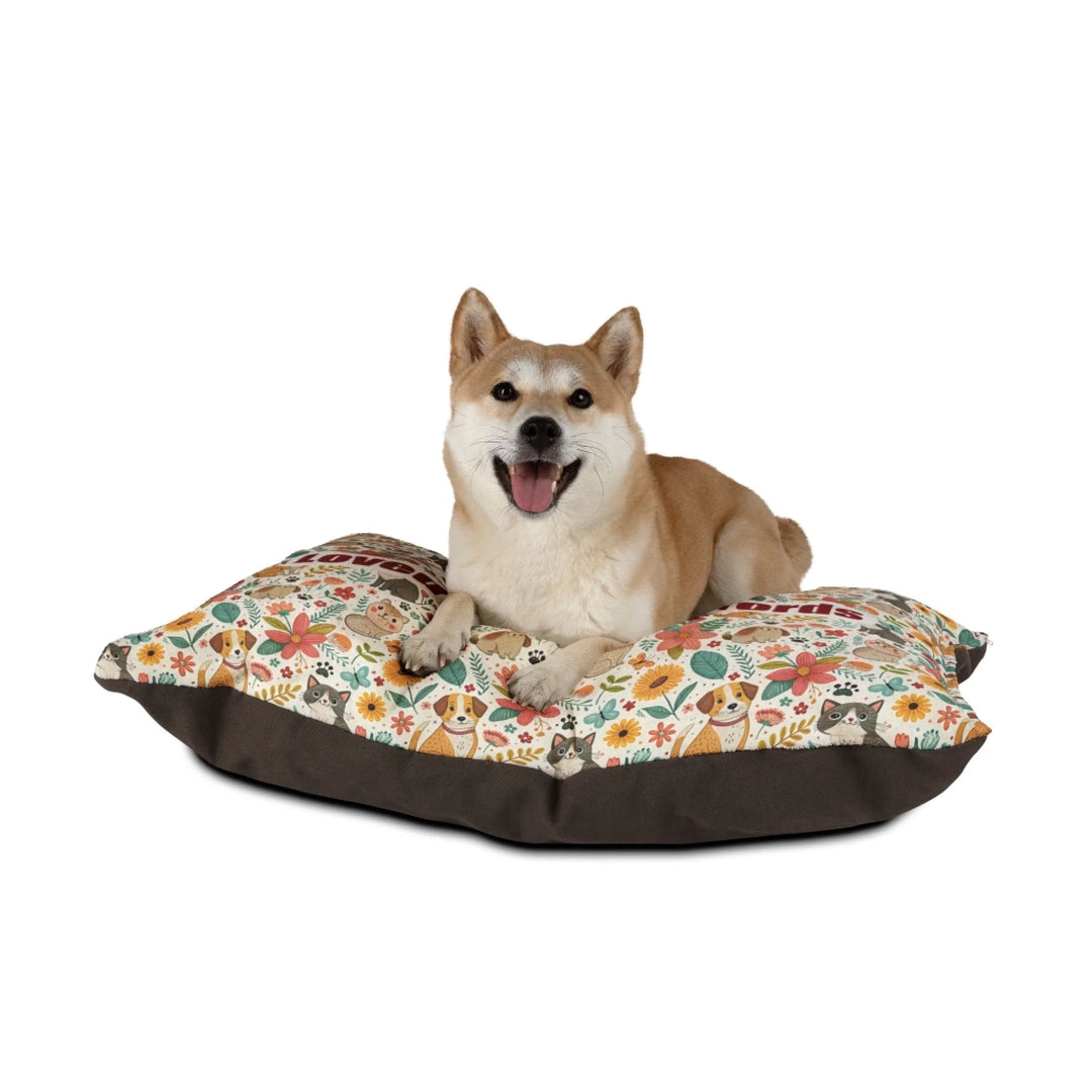 Dog sitting on Personalized pet bed with two lines of custom text and playful pattern; available in 10 colorful designs for dogs or cats-ARTFULANE