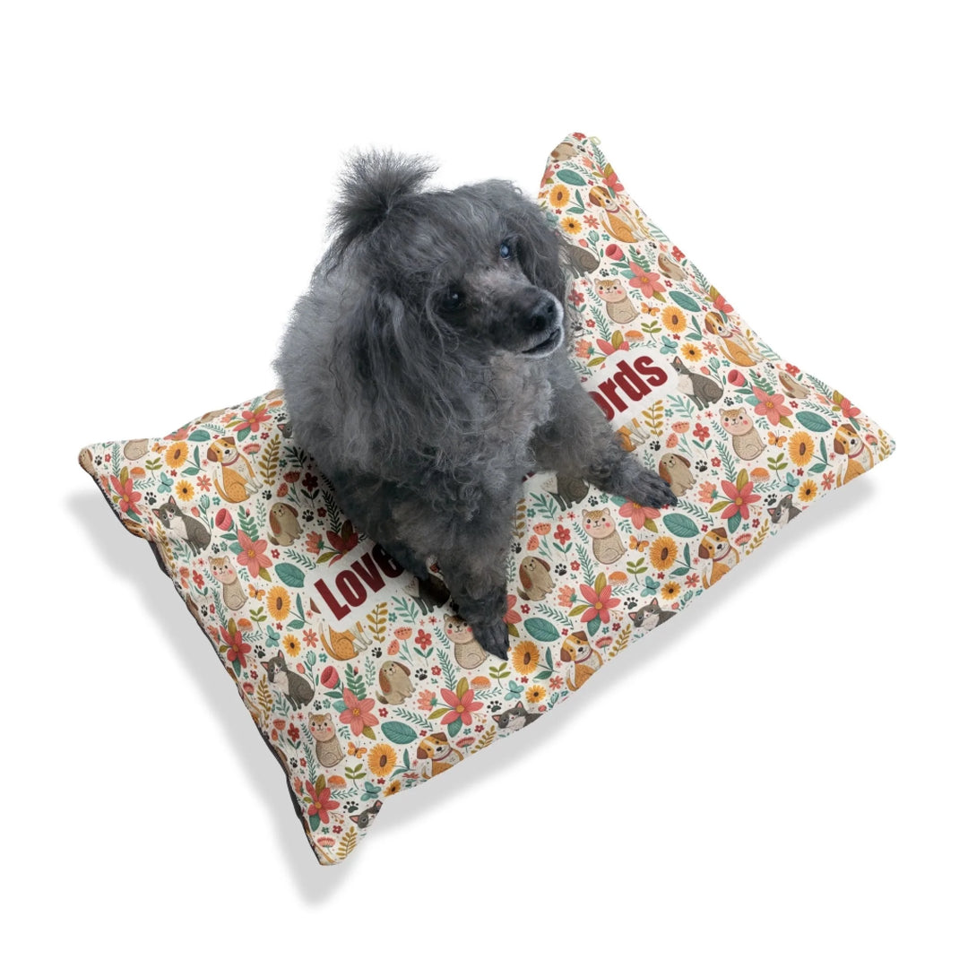 Dog on Personalized pet bed with two lines of custom text and playful pattern; available in 10 colorful designs for dogs or cats-ARTFULANE