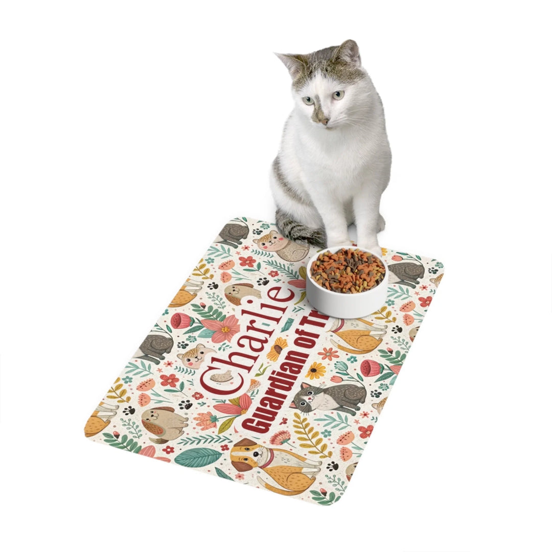 Cat using Personalized pet feeding mat with two lines of custom text and playful pattern; available in 10 colorful designs for dogs or cats-ARTFULANE