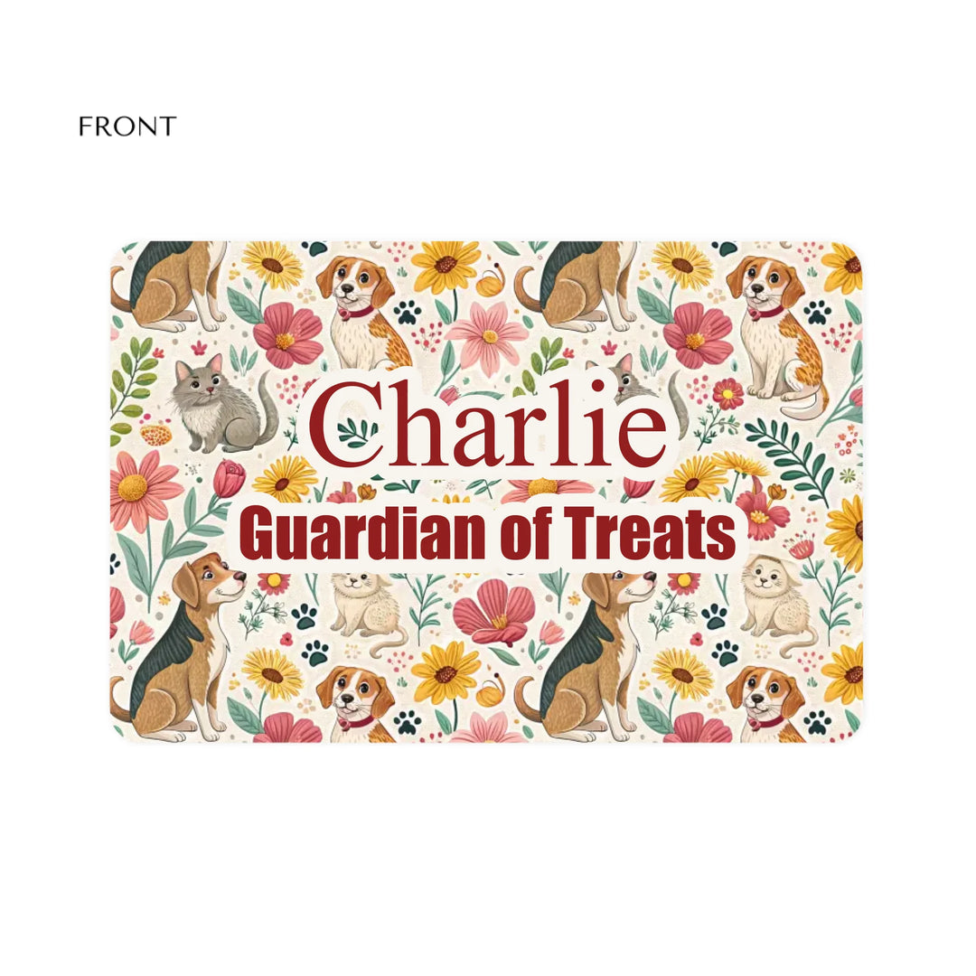 Personalized pet feeding mat with two lines of custom text and playful pattern; available in 10 colorful designs for dogs or cats-ARTFULANE