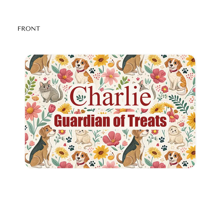 Personalized pet feeding mat with two lines of custom text and playful pattern; available in 10 colorful designs for dogs or cats-ARTFULANE