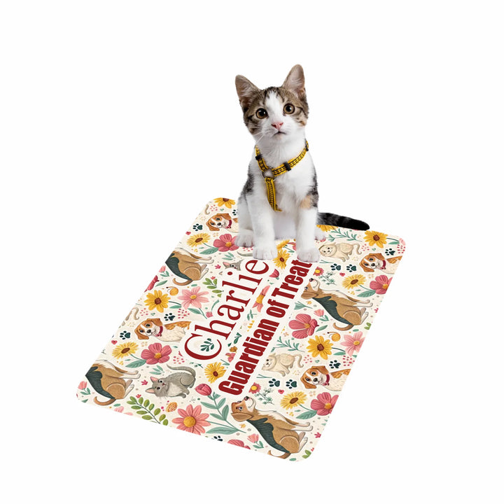 Cat standing on Personalized pet feeding mat with two lines of custom text and playful pattern; available in 10 colorful designs for dogs or cats-ARTFULANE