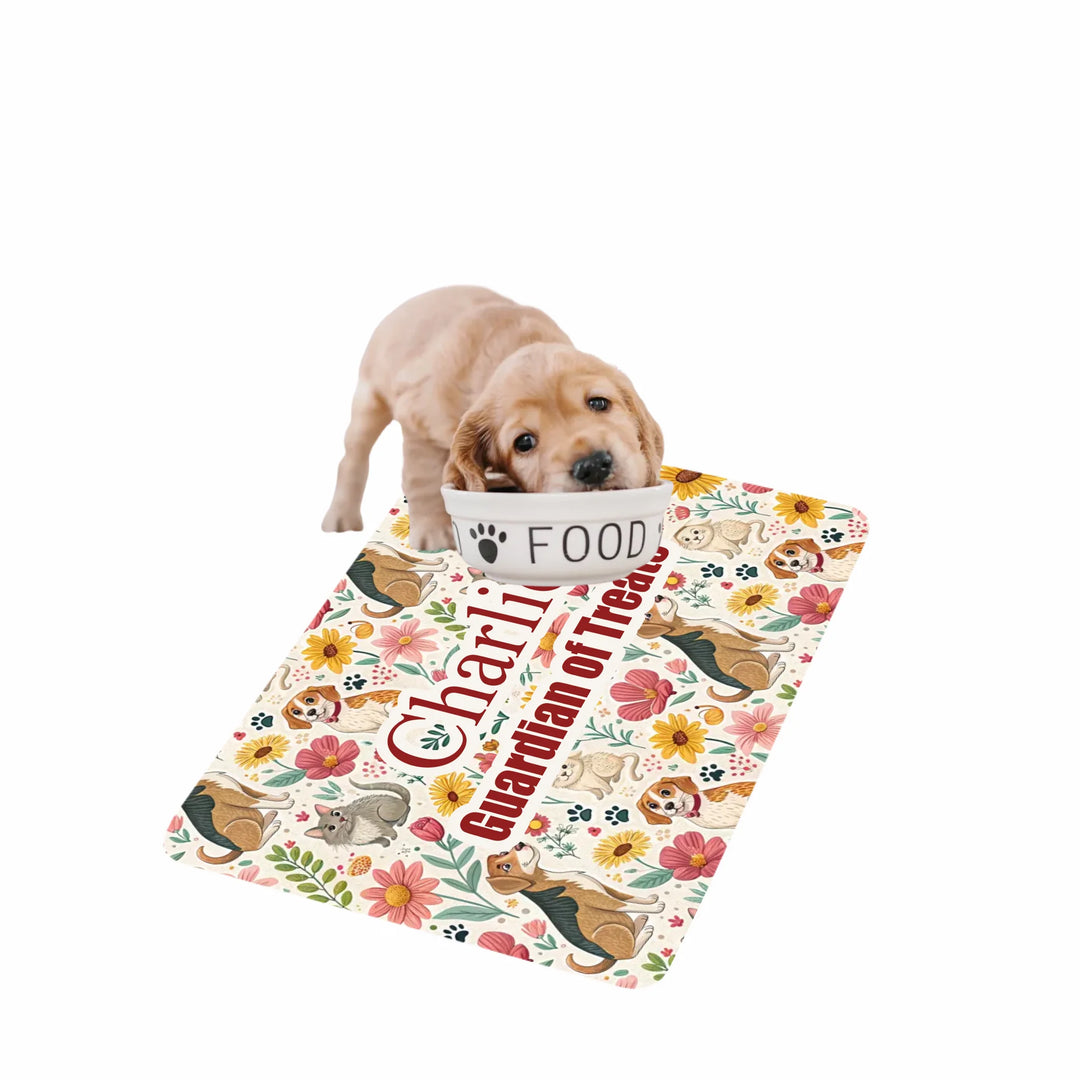 Dog using Personalized pet feeding mat with two lines of custom text and playful pattern; available in 10 colorful designs for dogs or cats-ARTFULANE