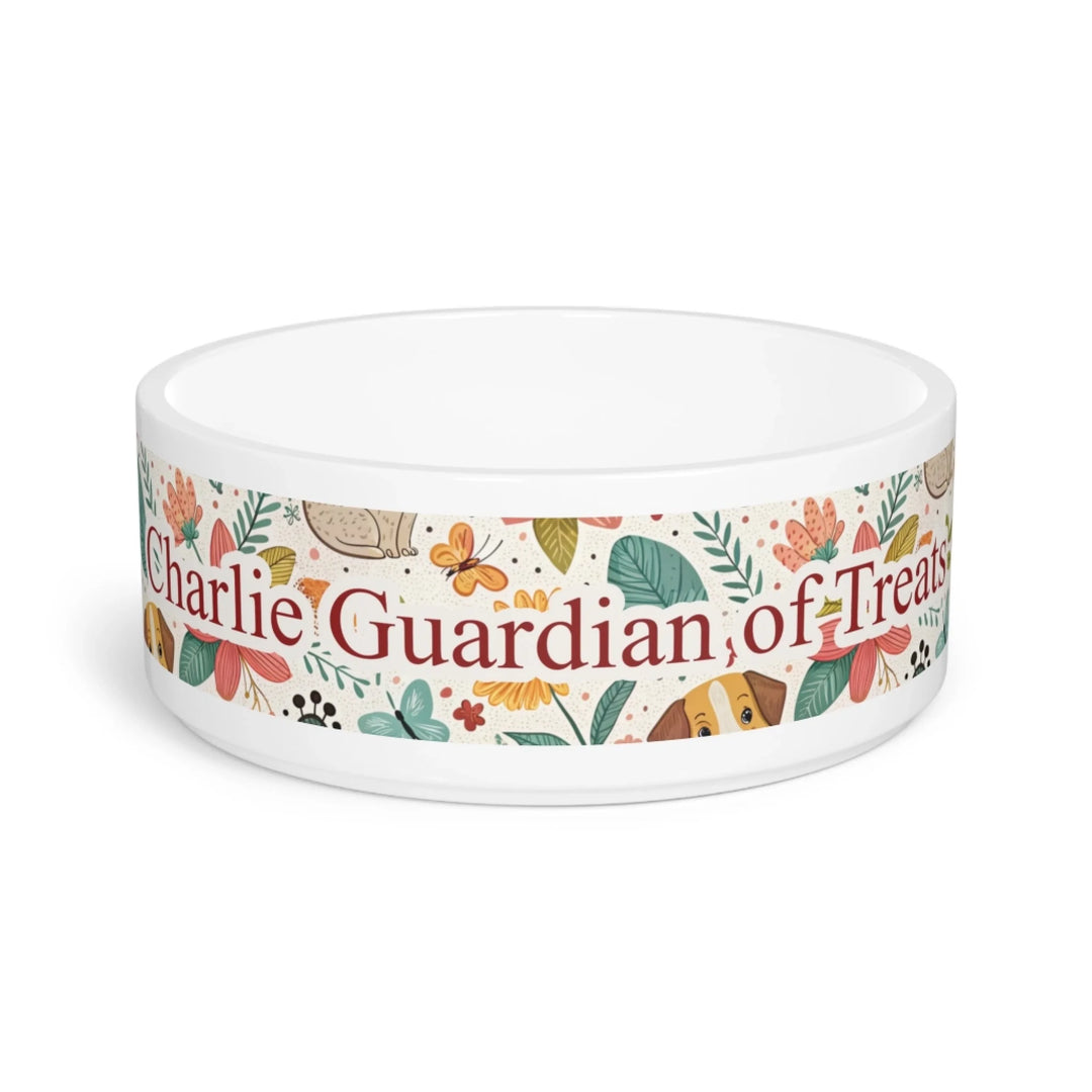 Front - Personalized ceramic pet bowl with two lines of custom text and playful pattern; available in 10 colorful designs for dogs or cats-ARTFULANE