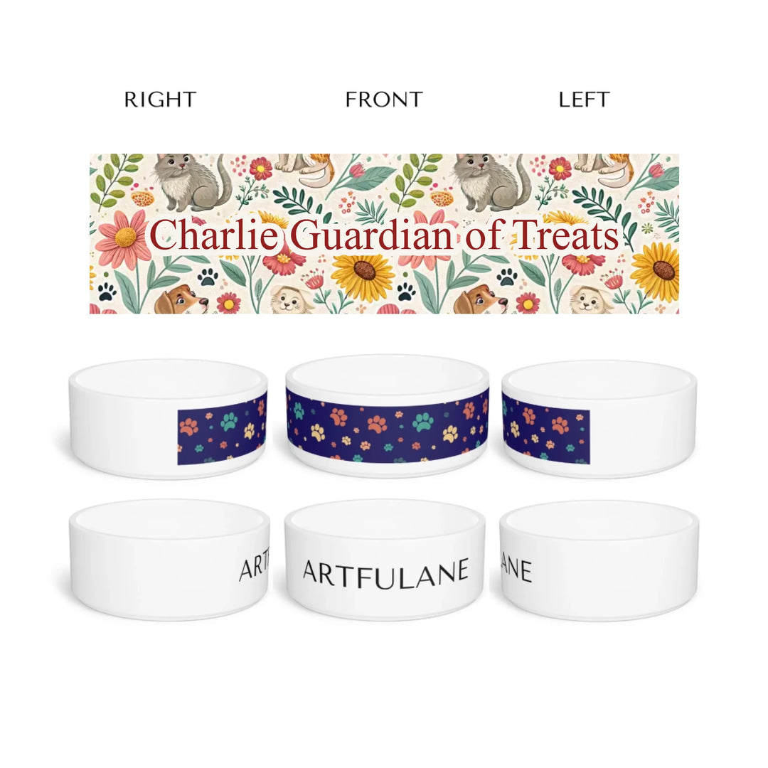 Personalized ceramic pet bowl with two lines of custom text and playful pattern; available in 10 colorful designs for dogs or cats-ARTFULANE