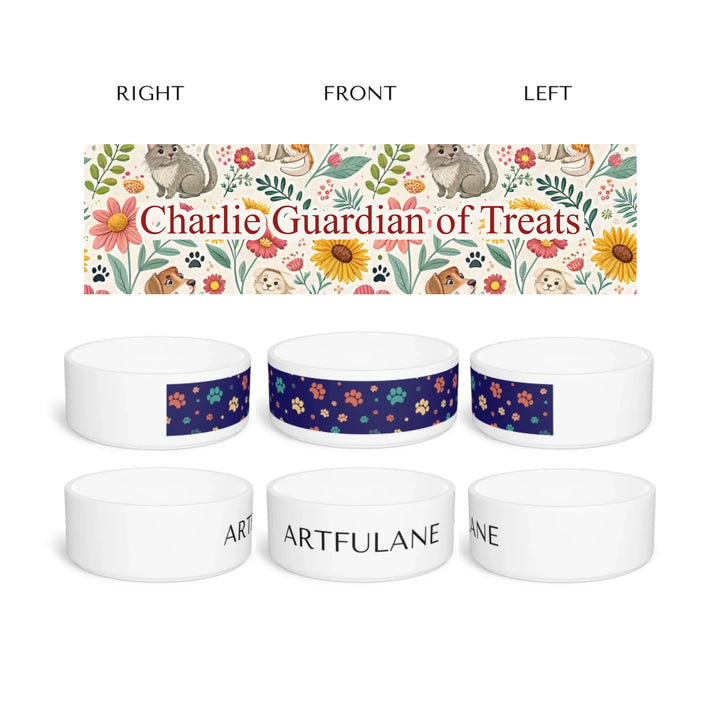 Personalized ceramic pet bowl with two lines of custom text and playful pattern; available in 10 colorful designs for dogs or cats-ARTFULANE