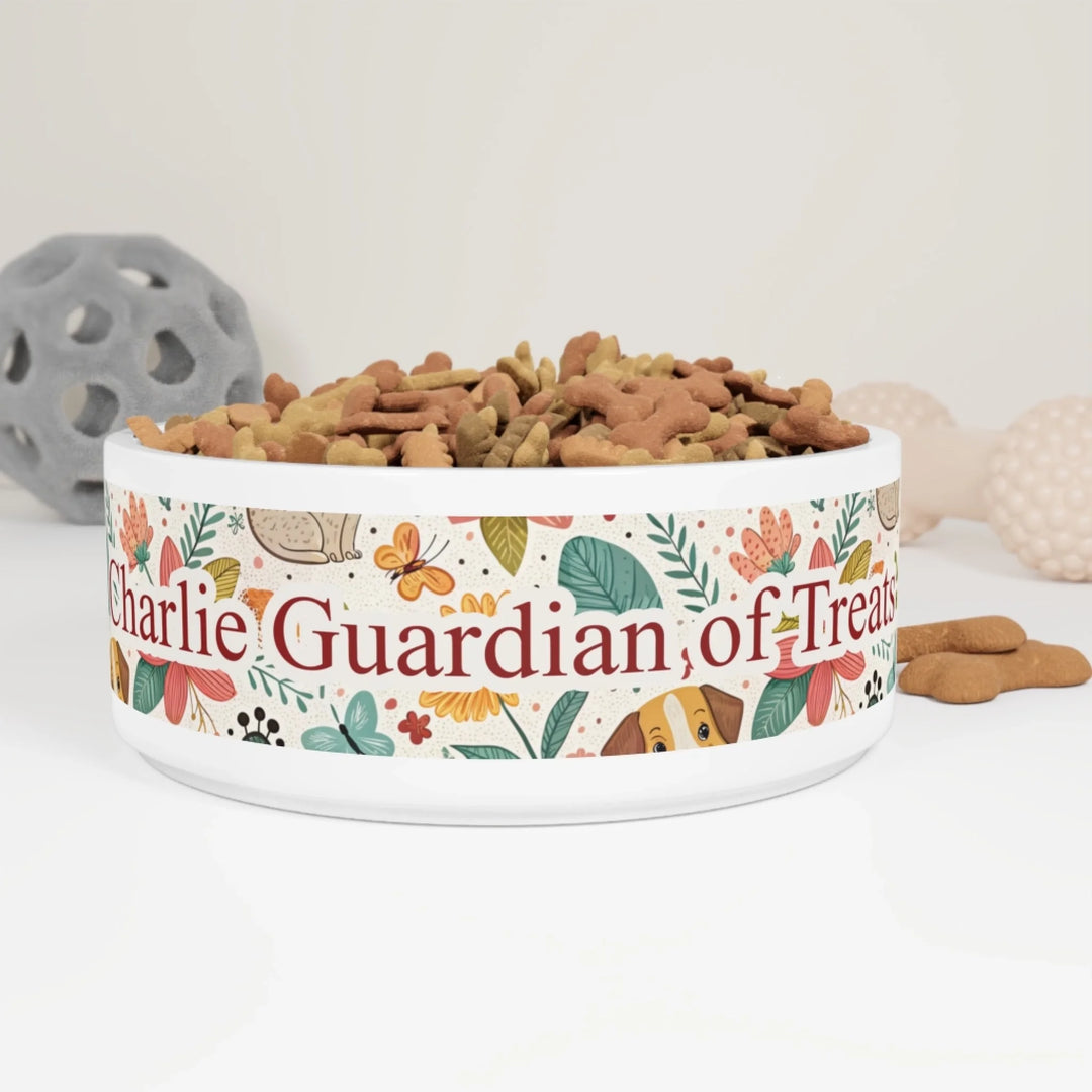 Context - Personalized ceramic pet bowl with two lines of custom text and playful pattern; available in 10 colorful designs for dogs or cats-ARTFULANE