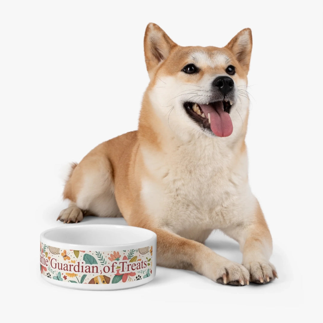 Dog with Personalized ceramic pet bowl with two lines of custom text and playful pattern; available in 10 colorful designs for dogs or cats-ARTFULANE