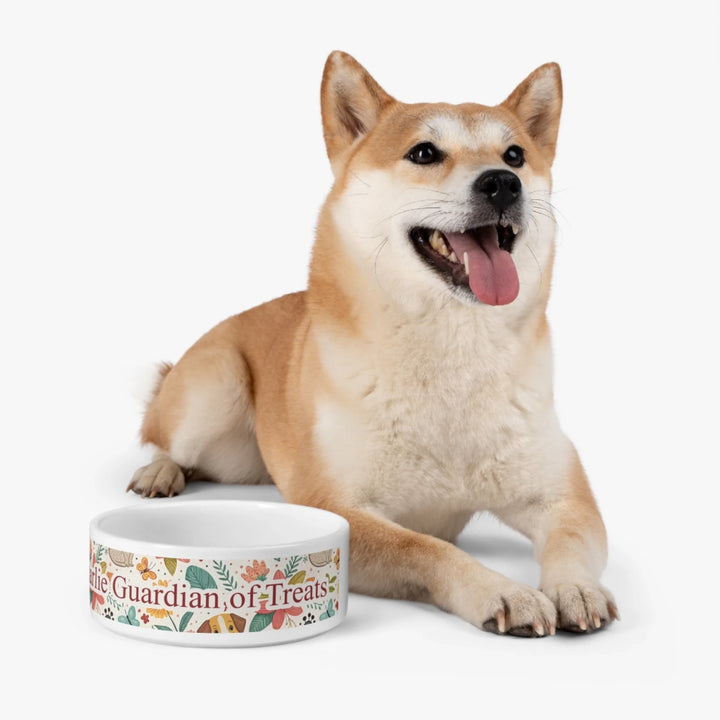Dog with Personalized ceramic pet bowl with two lines of custom text and playful pattern; available in 10 colorful designs for dogs or cats-ARTFULANE