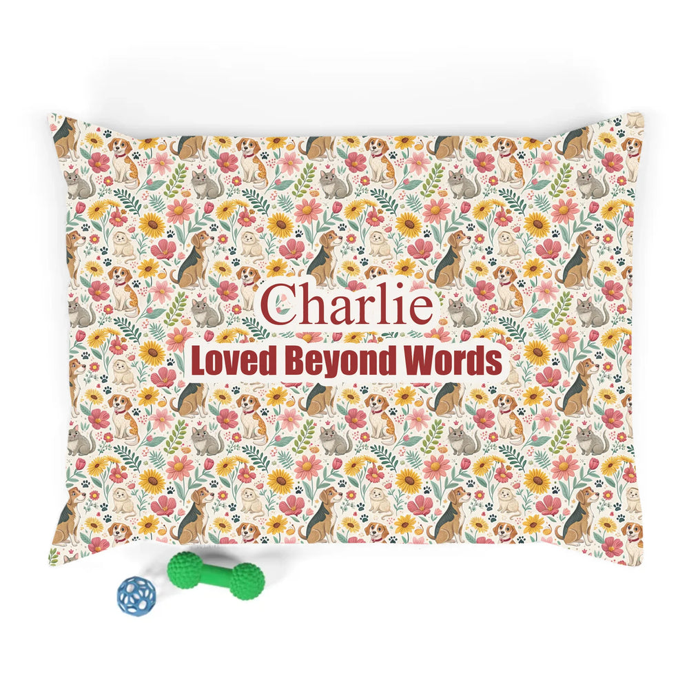 Personalized pet bed with two lines of custom text and playful pattern; available in 10 colorful designs for dogs or cats-ARTFULANE