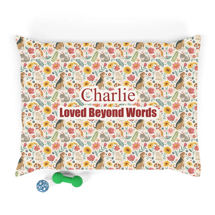 Personalized pet bed with two lines of custom text and playful pattern; available in 10 colorful designs for dogs or cats-ARTFULANE