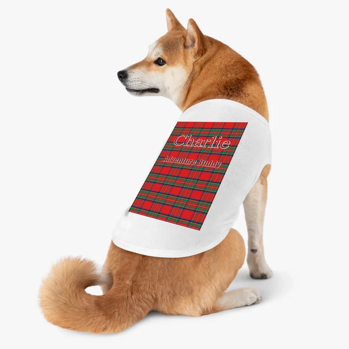 Personalized tartan plaid pet tank top with two lines of custom text like a name. Available in different plaid colors for dogs or cats-ARTFULANE