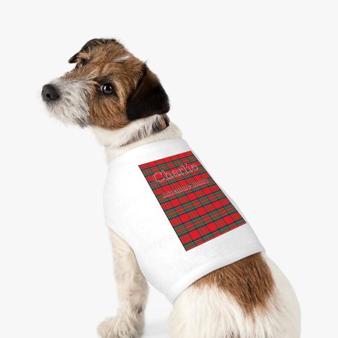 Personalized tartan plaid pet tank top with two lines of custom text like a name. Available in different plaid colors for dogs or cats-ARTFULANE