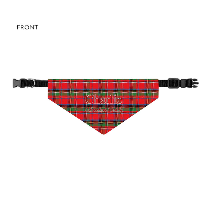 Personalized tartan plaid pet bandana collar with two lines of custom text like a name. Available in different plaid colors for dogs or cats-ARTFULANE