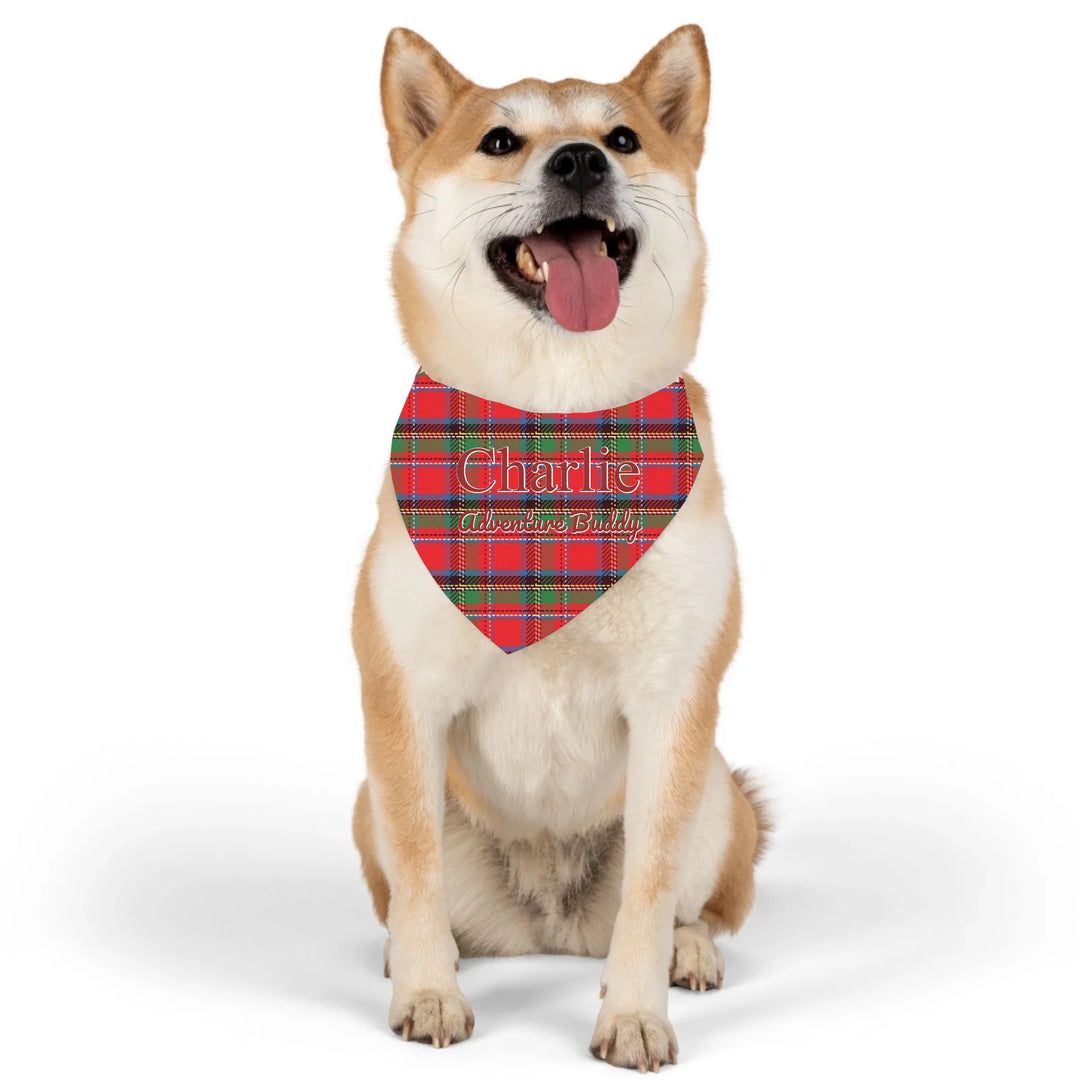 Personalized tartan plaid pet bandana collar with two lines of custom text like a name. Available in different plaid colors for dogs or cats-ARTFULANE