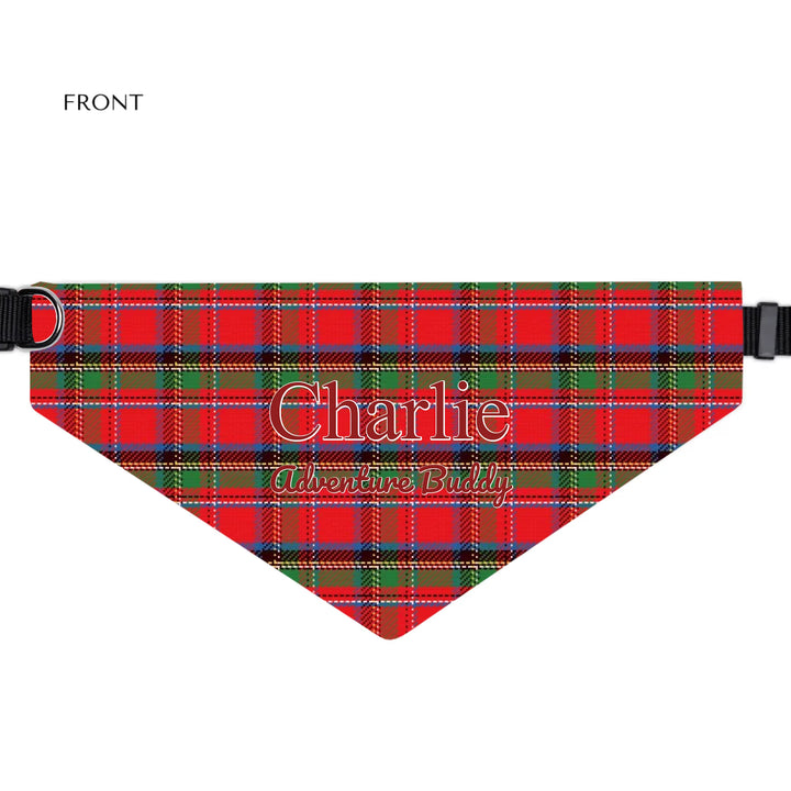 Personalized tartan plaid pet bandana collar with two lines of custom text like a name. Available in different plaid colors for dogs or cats-ARTFULANE
