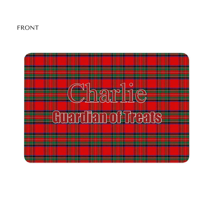 Personalized tartan plaid pet feeding mat with custom text like a name. Available in different plaid colors for dogs or cats-ARTFULANE