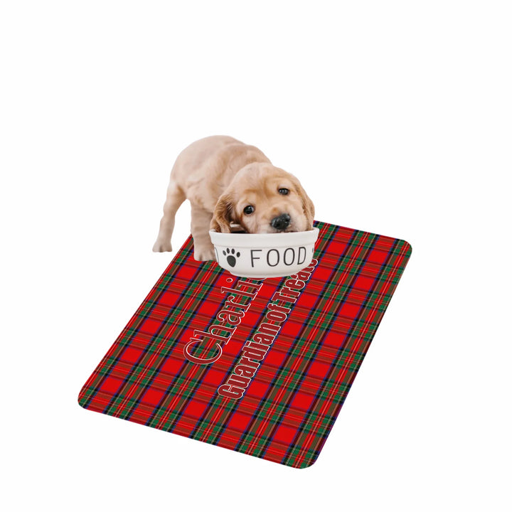 Dog using Personalized tartan plaid pet feeding mat with custom text like a name. Available in different plaid colors for dogs or cats-ARTFULANE