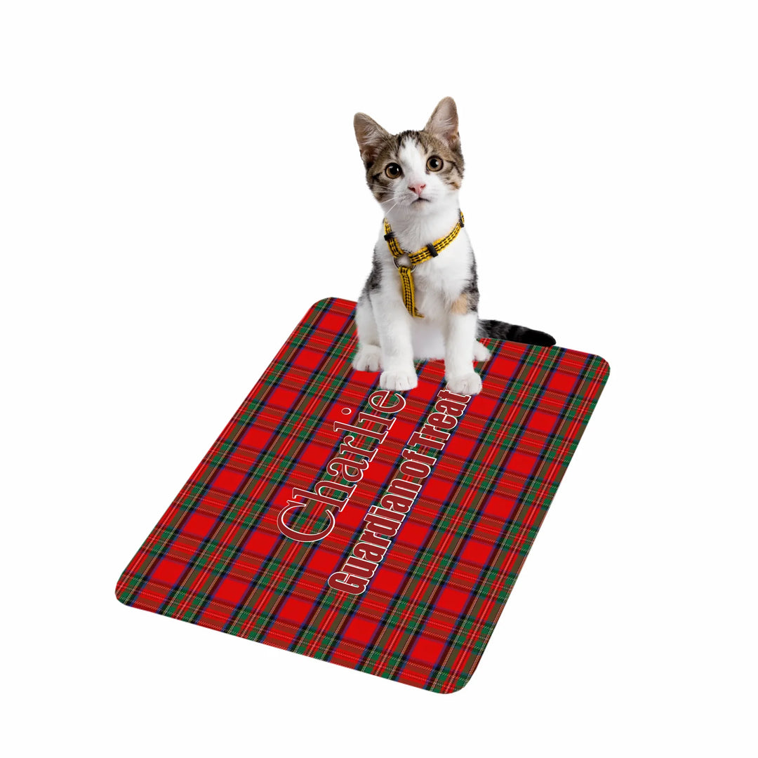 Cat standing on Personalized tartan plaid pet feeding mat with custom text like a name. Available in different plaid colors for dogs or cats-ARTFULANE
