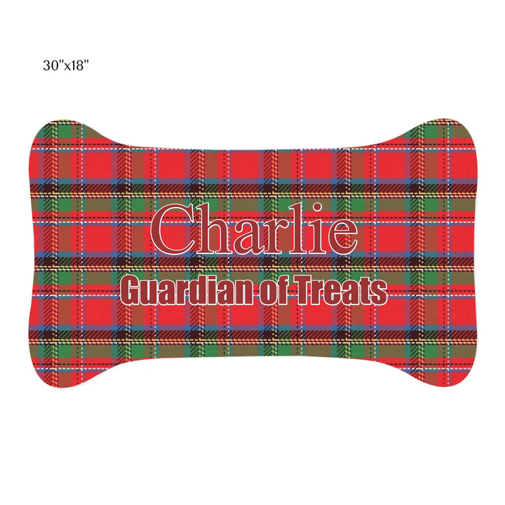 Personalized tartan plaid pet bone shaped feeding mat with custom text like a name. Available in different plaid colors for dogs or cats-ARTFULANE