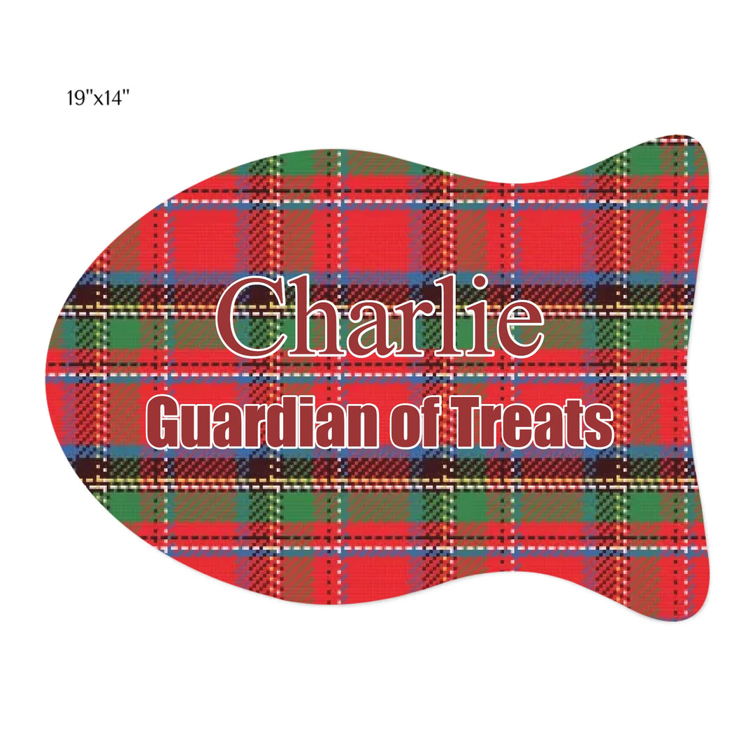 Personalized tartan plaid pet fish-shaped feeding mat with custom text like a name. Available in different plaid colors for dogs or cats-ARTFULANE