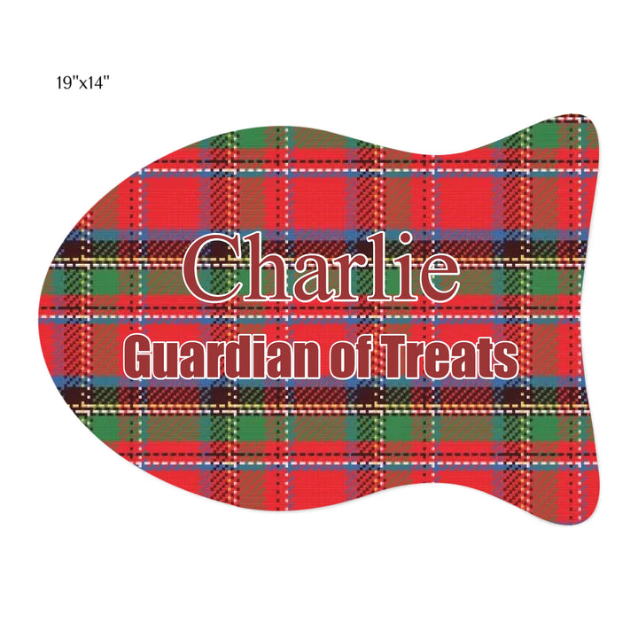 Personalized tartan plaid pet fish-shaped feeding mat with custom text like a name. Available in different plaid colors for dogs or cats-ARTFULANE