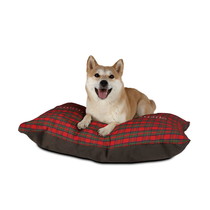 Dog sitting on Personalized tartan plaid pet bed with two lines of custom text. Available in different plaid colors for dogs or cats-ARTFULANE