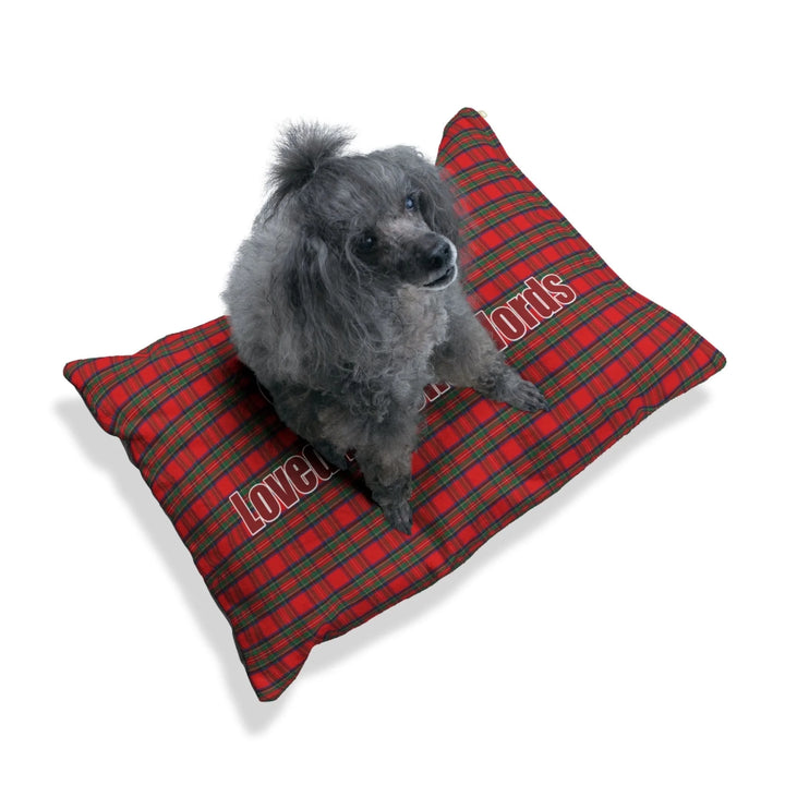 Dog on Personalized tartan plaid pet bed with two lines of custom text. Available in different plaid colors for dogs or cats-ARTFULANE