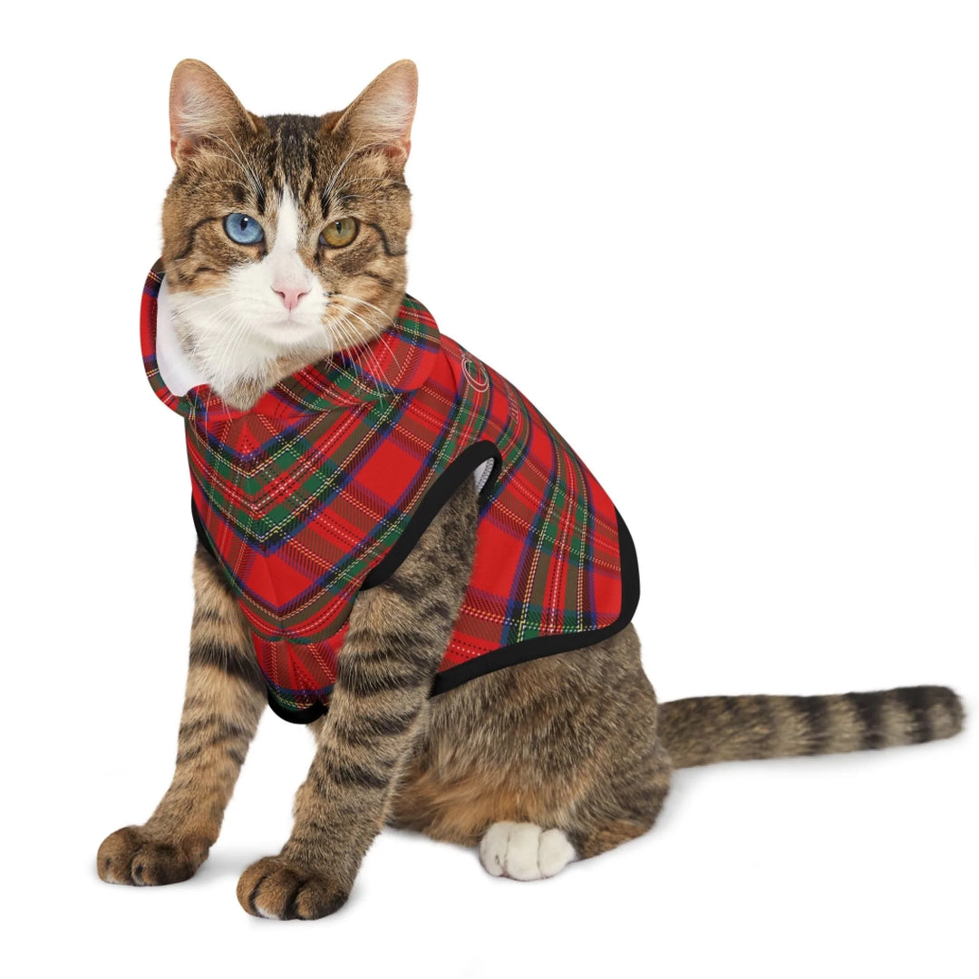 Cat wearing Personalized tartan plaid pet hoodie with two lines of custom text. Available in different plaid colors for dogs or cats-ARTFULANE