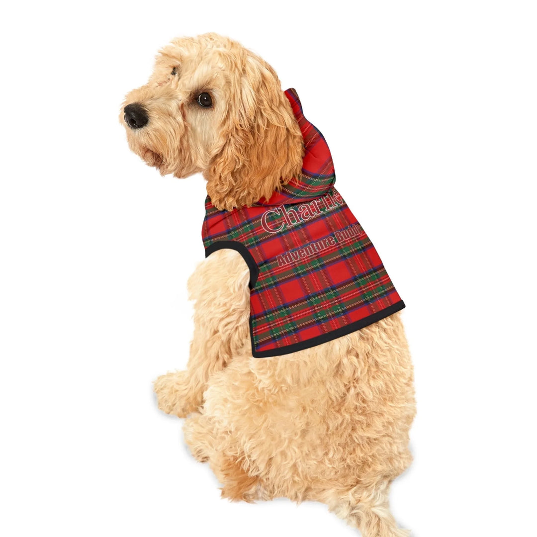 Dog wearing Personalized tartan plaid pet hoodie with two lines of custom text. Available in different plaid colors for dogs or cats-ARTFULANE