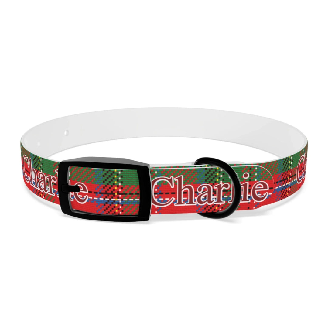 Front of Personalized tartan plaid pet collar with custom text like a name. Available in different plaid colors for dogs or cats-ARTFULANE